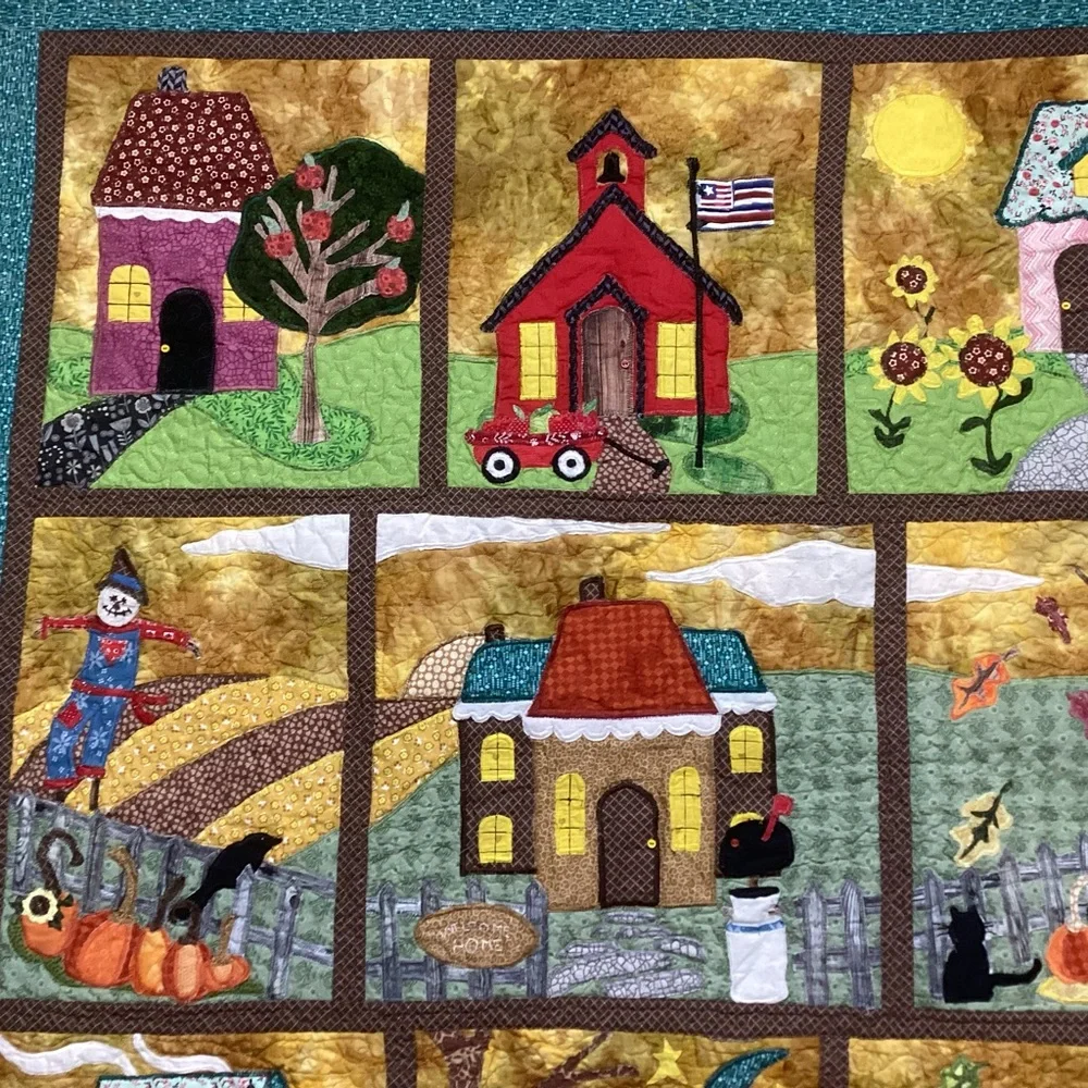 Hand Crafted Art Quilt Houses Schoolhouse Seasons 47”x55”
